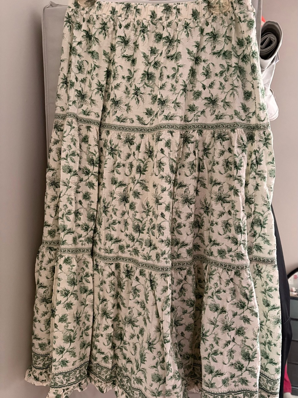 Boho Tiered Maxi Skirt in Green and White